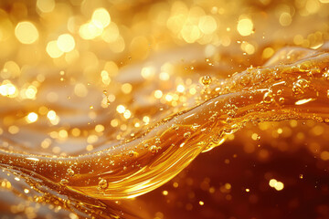 Poster - Golden liquid flowing with bubbles and bokeh lights, creating a luxurious and vibrant image.