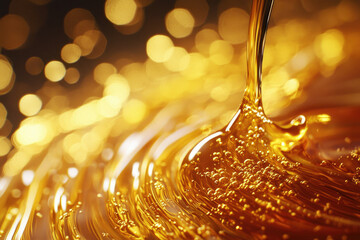 Poster - Golden liquid pouring, creating swirling patterns with air bubbles against a bokeh background.