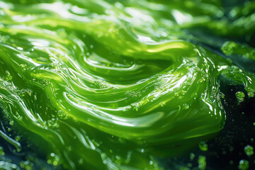 Poster - Close-up of vibrant green liquid with swirling texture, exhibiting glossy sheen and small bubbles.