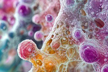 Poster - Microscopic view of vibrant, interconnected cells, possibly depicting a complex biological structure or network.