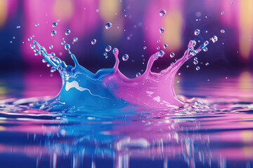 Aufkleber - Vibrant blue and pink liquid splash creating a stunning crown-like shape upon impact with water.