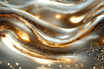 Poster - Abstract image of flowing golden liquid with shimmering particles, creating a luxurious and elegant visual.