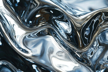 Poster - Abstract image of swirling, reflective liquid, showcasing metallic hues and fluid dynamics.