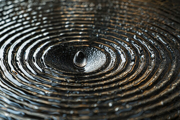 Poster - A single water droplet creates concentric ripples on a dark, reflective surface.