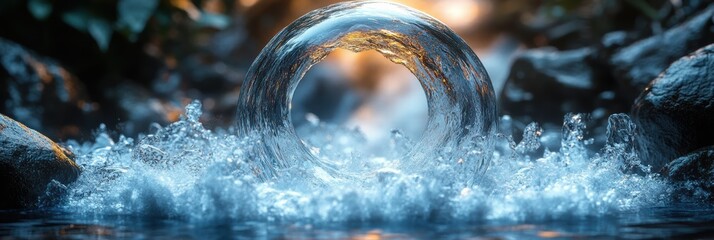Poster - Water flows through a transparent infinity shape surrounded by gentle rocks and nature