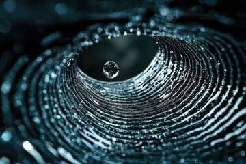 Poster - A water droplet floats above a mesmerizing, swirling, dark blue vortex of layered water.