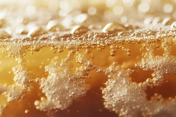 Poster - Close-up of carbonated amber liquid with numerous bubbles, creating a fizzy texture.