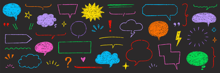Poster - Text frame hand drawn crayon speech bubble set. Crayon chalk pencil background talk speech bubble frame. Hand drawn chalk pencil dialog balloon, children color doodle text cloud. Vector illustration