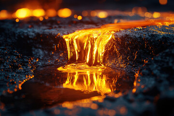 Poster - Glowing molten liquid cascades over dark rocks, creating a fiery reflection in a still pool below.