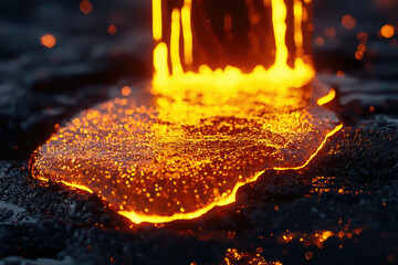 Poster - Molten lava flows, glowing orange, creating a fiery, mesmerizing spectacle on dark volcanic rock.