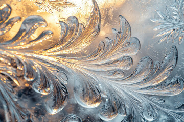 Poster - Intricate ice crystals form beautiful, frost-like patterns on a cold window pane, illuminated by warm sunlight.