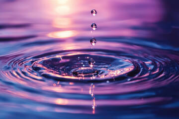 Poster - Water drops falling, creating concentric ripples on a purple and pink water surface at sunset.