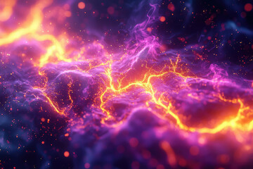 Poster - Abstract art depicting vibrant purple and orange energy streams with glowing particles, creating a dynamic and ethereal visual.
