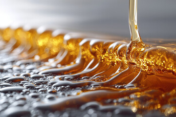 Poster - Golden liquid flowing and creating waves, glistening with light reflections.
