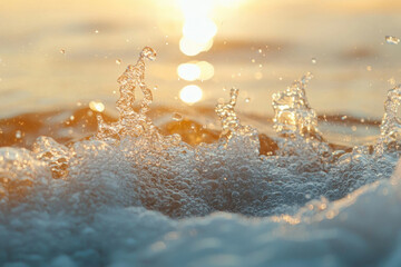 Poster - Golden hour sunlight illuminates splashing ocean water, creating a breathtaking, bubbly spectacle.