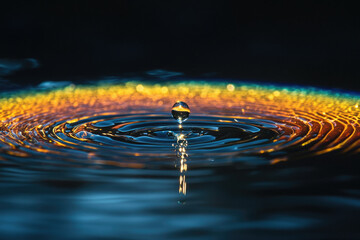 Poster - A water droplet's impact creates mesmerizing concentric ripples with vibrant iridescent colors.