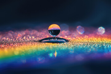Poster - A single water droplet rests on a shimmering, iridescent surface, reflecting vibrant rainbow colors.