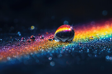 Poster - A mesmerizing water droplet resting on a vibrant, rainbow-hued surface, glistening with tiny droplets.