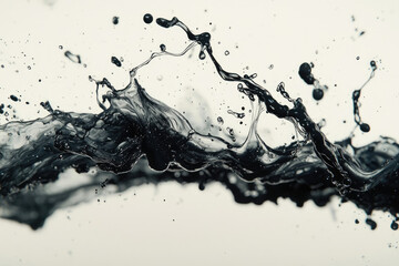 Poster - Abstract black liquid splash with dynamic movement and droplets against a white background.