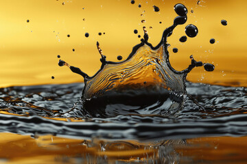 Poster - Dark liquid impacting golden surface, creating a dramatic crown-shaped splash with numerous droplets.