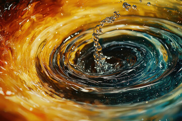 Poster - Vibrant water droplet creating mesmerizing concentric ripples in rich gold and teal hues.