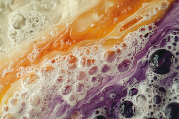 Poster - Abstract image of colorful liquid with foam, resembling a vibrant, swirling landscape.