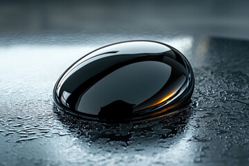 Poster - A glossy, black, oval-shaped object rests on a wet, dark surface, reflecting light.