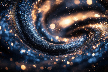 Poster - Swirling glitter in blue and gold, creating a mesmerizing cosmic effect with sparkling bokeh.