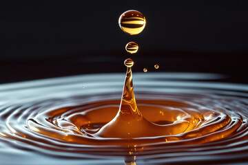 Poster - A golden droplet impacting a dark liquid surface creates concentric ripples and smaller droplets.