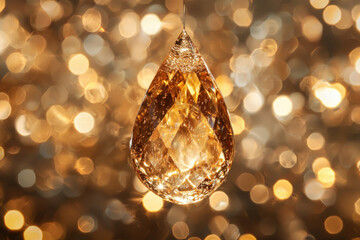 Poster - A golden teardrop-shaped crystal hangs against a shimmering, bokeh background of warm gold lights.