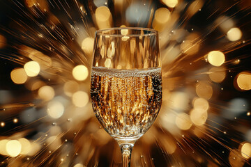 Poster - A glass of sparkling champagne against a dazzling golden bokeh background, celebrating festive joy.