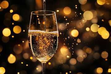 Poster - Champagne pouring into a glass against a sparkling bokeh background, celebrating festive moments.