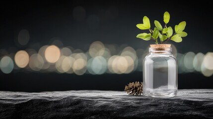night city bokeh, plant in jar, growth concept