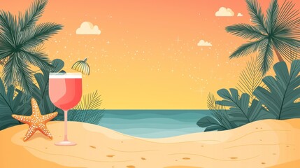 Canvas Print - Beach with drink, palm trees & sea at sunset background