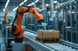 © Starmarpro - A robotic arm operates on a conveyor belt within a modern factory, handling cardboard boxes for packaging or inventory management. The industrial setting highlights automation, robotics, and advanced