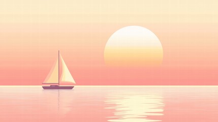 Poster - Sailboat gliding on calm waters during a pastel sunset over the horizon. Generative AI