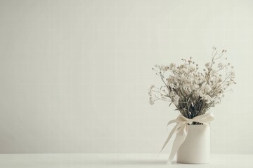 Poster - Delicate dried flowers in a white vase with a ribbon on a minimalistic background. Generative AI