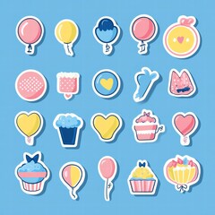 Poster - Colorful collection of playful stickers featuring balloons, desserts, and hearts on a vibrant blue background. Generative AI