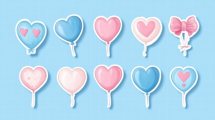 Poster - Colorful heart shaped balloons in various shades on a bright blue background for festive celebrations. Generative AI