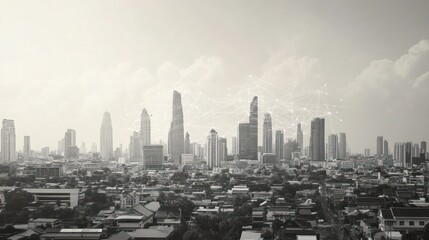 Poster - Cityscape panorama, digital network overlay, urban, background, possible use in business, technology, or design presentations