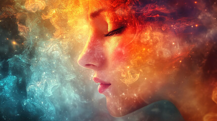 Poster - Captivating abstract art of a woman's profile digital creation vibrant colors cosmic environment side view surreal concept