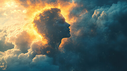 Poster - Celestial transformation ethereal portrait in cloudscape surreal art dreamy atmosphere vivid viewpoint