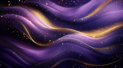 Poster - Flowing waves of purple and gold sparkles abstract art background digital creation cosmic atmosphere aesthetic viewpoint