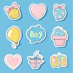 Poster - Colorful stickers featuring balloons, gifts, and sweet treats on a bright blue background ideal for decorating and personalizing items. Generative AI