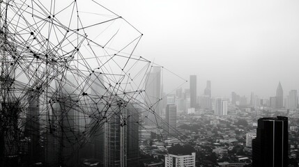 Poster - Digital network over cityscape at dawn. Possible use Stock photo for technology and future concepts