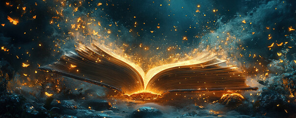Poster - Magical book unveiling wonders enchanted forest digital art mystical atmosphere elevated perspective imagination journey