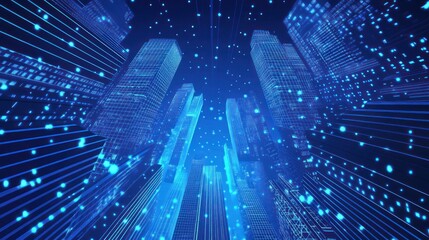 Poster - Futuristic city at night, digital buildings, glowing lines,  high-rise skyscrapers, abstract, 3D, technology,  background