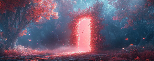 Poster - Mysterious portal opening enchanted forest digital art dreamy atmosphere low angle view fantasy concept