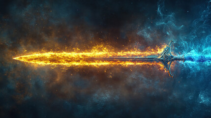 Poster - Epic battle of fire and ice mythical sword transformation in cosmic space background