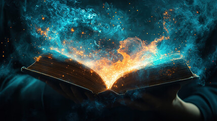 Poster - Magical transformation of a book enchanted library digital art mystical environment close-up view creative concept